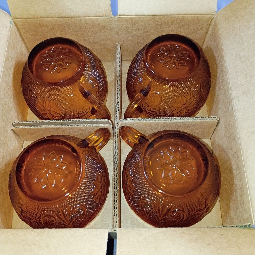 Amber Tea Cups Tiara Indiana Gold Sandwich Punch Glass Vintage Set Of 4